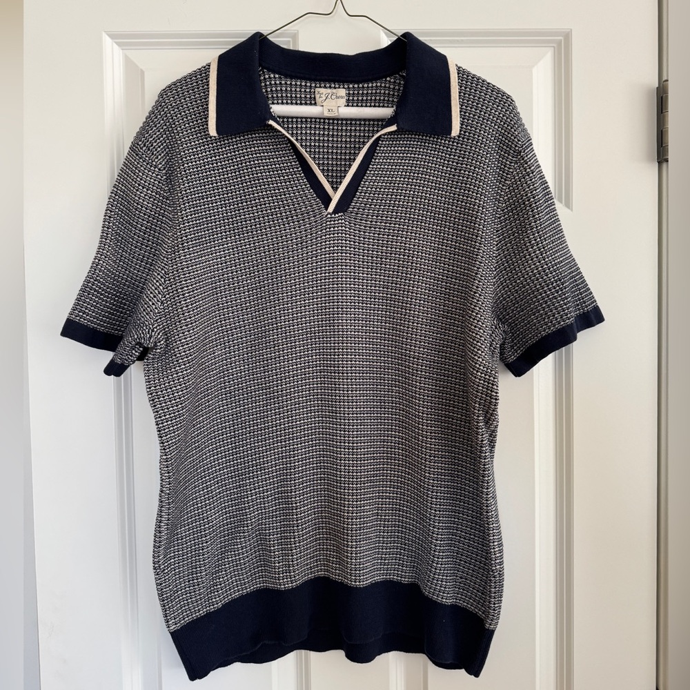 Men’s J Crew Johnny collar knit short sleeve polo, navy/cream knit, size XL GUC